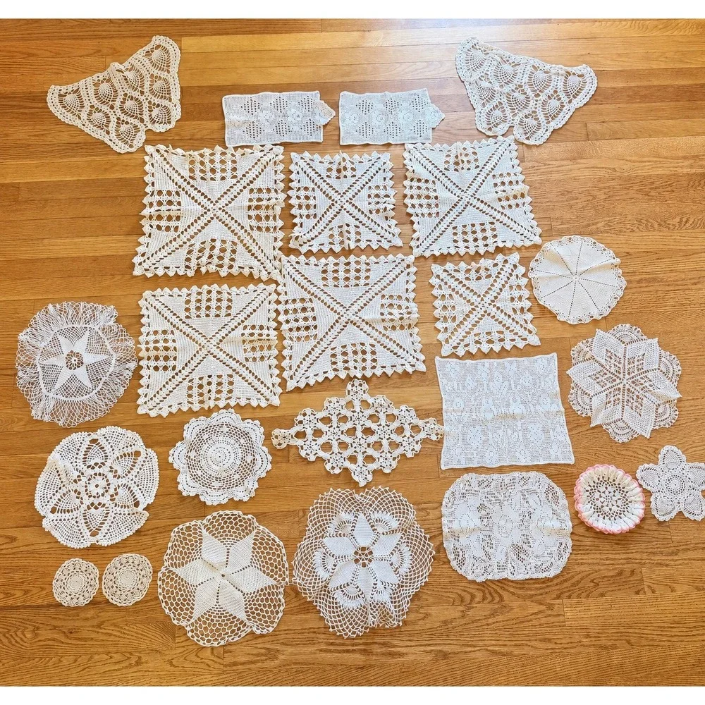 Crochet Doily Lot 24pc White Cream Lace Assorted Shapes Butterfly Floral 1970s
